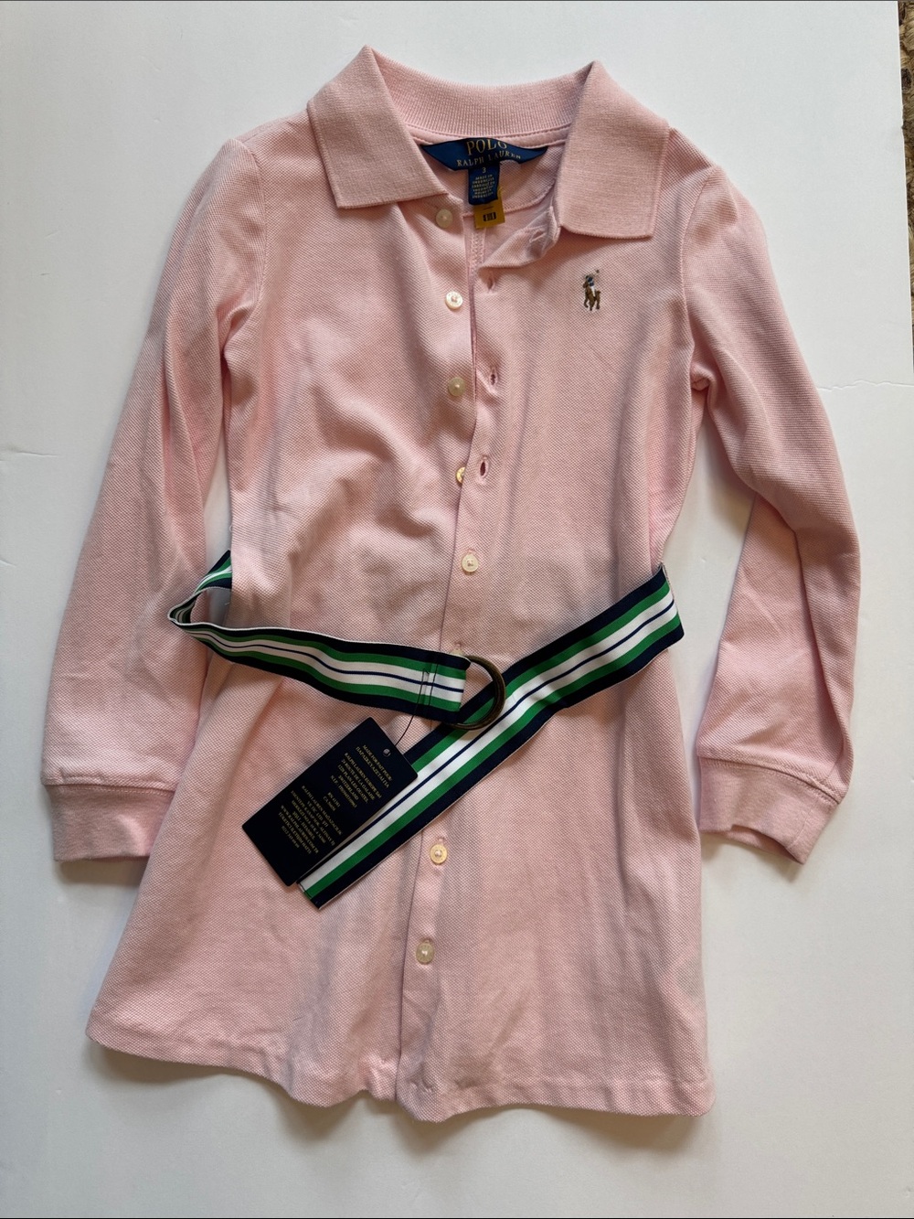 Polo by Ralph Lauren Light Pink Button-Front Shirt Dress with Striped Belt